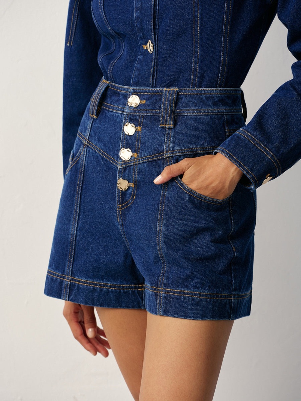 Commense High-Waisted Button-Front Denim Short - Picture 2 of 4